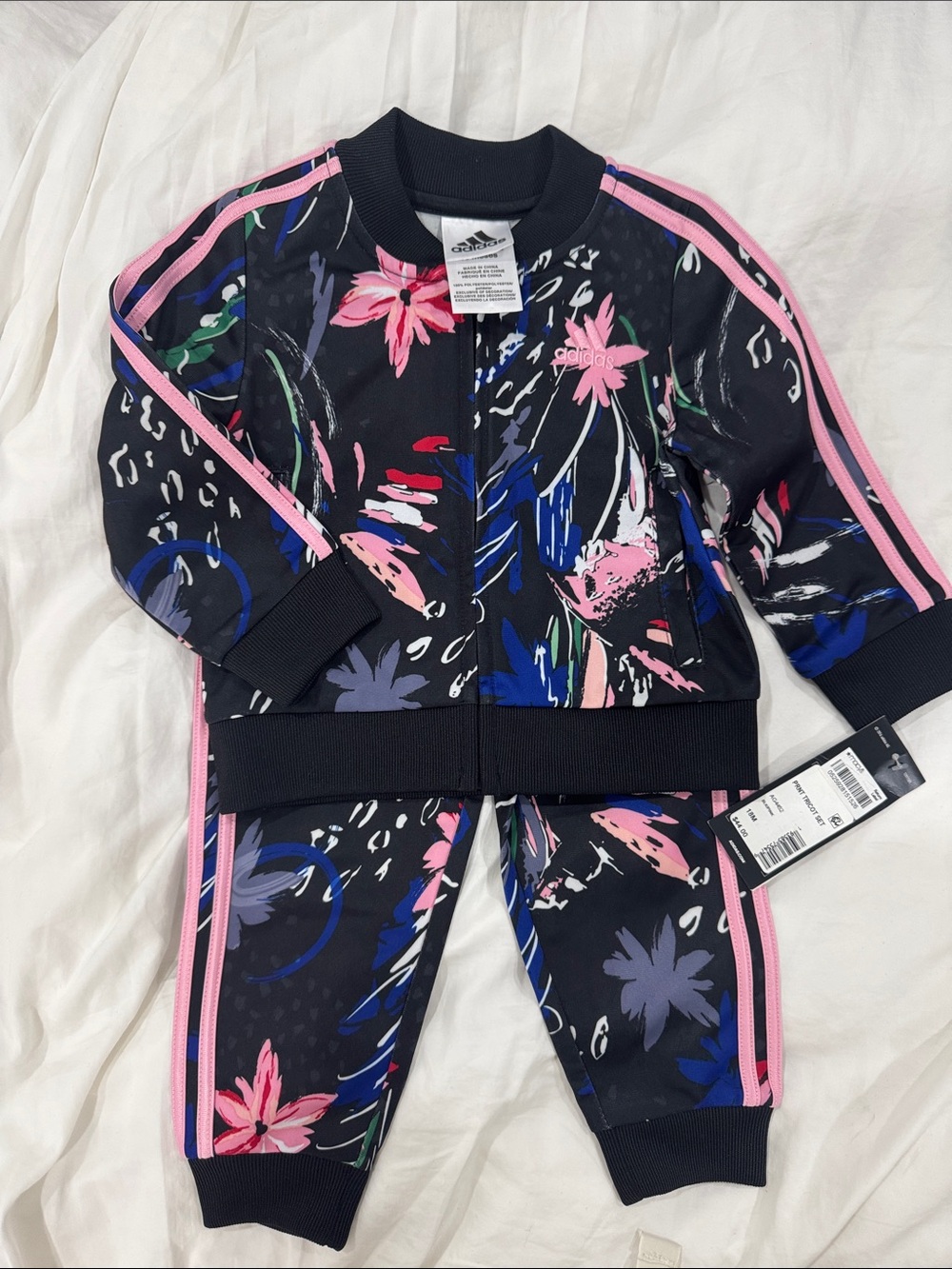 adidas Black Floral Track Jacket & Joggers with Pink Stripes